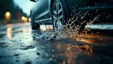 Fototapeta  - Side view of a car wheel on wet pavement during rain at sunset in the city