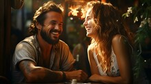 A Man And A Woman Are Sitting Relaxing In A Bar And Laughing And Smiling On A Date