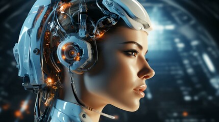 Poster - Connection of human woman and artificial intelligence robot. The concept of merging a person and a computer with neural networks in the future. AI generated