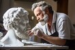 A sculptor working on a portrait bust of a man