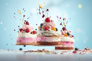 a clean detailed studio photo of layered cake slices with whipped cream and cherry flying in the air on pastel gradient background. Food ingredient levitation.