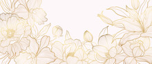 Luxury Golden Lily And Poppy Flower Line Art Background Vector. Natural Botanical Elegant Flower With Gold Line Art. Design Illustration For Decoration, Wall Decor, Wallpaper, Cover, Banner, Card.