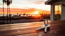Apartment Keys On The Wooden Table With Ocean View In The Sunset