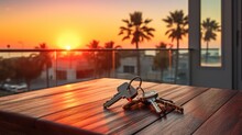 Apartment Keys On The Wooden Table With Ocean View In The Sunset