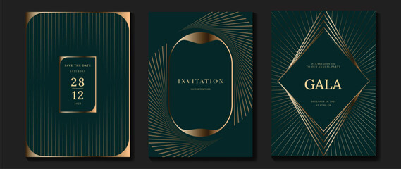 Wall Mural - Luxury invitation card background vector. Golden curve elegant, gold lines gradient on dark green color background. Premium design illustration for gala card, grand opening, party invitation, wedding.