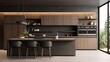 © VERTEX SPACE - black and dark wooden colour kitchen builtin furniture home interior design background kitchen design with stylish colour and material scheme decorating kitchen in daylight,ai generate