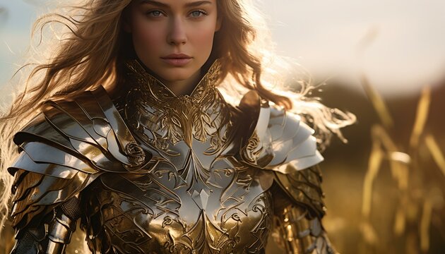 A powerful and fierce woman warrior in full armor standing confidently in a vast open field