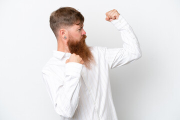 Wall Mural - Redhead man with long beard isolated on white background doing strong gesture