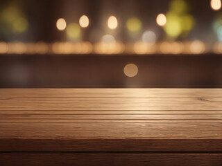 Empty wooden table top with lights bokeh on blur cafe background, Wooden brown table