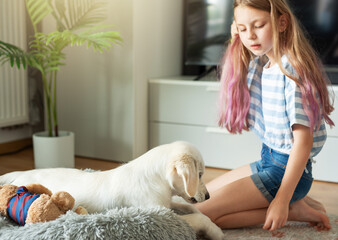 Little girl playing with a golden retriever puppy at home.