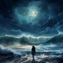 Illustration Painting Of Woman Standing Before The Big Wave On The Sea Looking At The Storm Sky, Digital Illustration