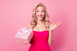 Photo of cheerful nice lady toothy smile hold receive get desirable giftbox isolated on pink color background