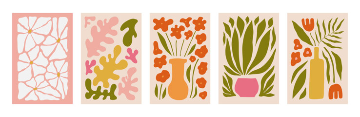 Abstract flower posters set. Trendy botanical wall arts with wild floral plants, leaves in hippie style. Modern naive groovy funky interior decorations, paintings. Colorful flat vector illustrations
