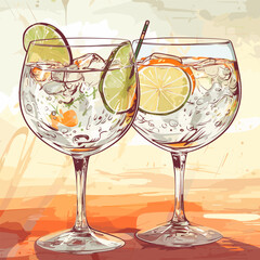 Wall Mural - Classic alcoholic cocktail gin and tonic in two glasses. Refreshing drink with lime orange and ice. Vector