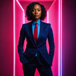 © Flash - photo of smart african woman with business suit at neon mxied red and blue light sci fi background, generative AI