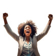 Czarnoskóra kobieta, bizneswoman w geście zwycięstwa, ręce uniesione do góry, radość ze zwycięstwa. Transparentne tło. 