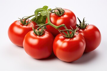 Wall Mural - Perfect ripe fresh branch of red tomatoes, isolated on white background.