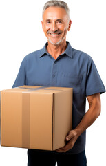 Middle aged or mature man holding a cardboard box concept of moving to a new place or packing up. Transparent background or cut out.