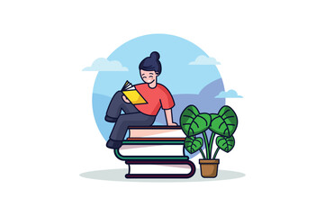 Poster - Concept Girl is reading with people scene in the flat cartoon style. Design illustration, capturing a charming scene of a girl immersed in reading with playful characters. Vector illustration.
