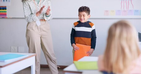 Aufkleber - Class, presentation and child speaker with applause and cheering in classroom at school. Young kid, education and oral reading of project with a student and teacher with children group in discussion