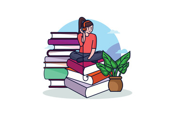 Poster - Audiobook concept with people scene in the flat cartoon style. The girl listens to her favorite audio books in headphones and has the opportunity to rest. Vector illustration.
