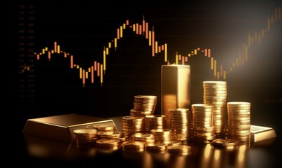 Financial gold graph stock money investment finance business on growth currency insight chart market background of success profit concept golden exchange economy trade wealth diagram. Generative AI