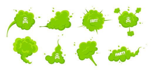 Smelling green cartoon smoke or fart clouds flat style design vector illustration set. Bad stink or toxic aroma cartoon smoke cloud isolated on white background.