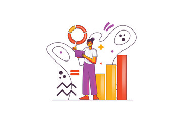 Aufkleber - Statistical analysis concept with people scene in the flat cartoon design. The specialist collects, cleans, transforms and visualizes data into diagrams and diagrams. Vector illustration.