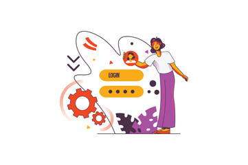 Aufkleber - Login concept with people scene in the flat cartoon design. The girl is trying to restore her account on the network using a login and password. Vector illustration.