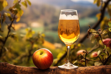 Poster - A golden glass of bubbling cider sits with an expansive apple orchard in the background, capturing the spirit of autumn's harvest