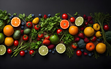 top view fruit and vegetables flat lay in dark background ai generated
