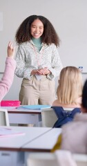 Poster - Teacher, question and woman with students in classroom for learning, discussion and knowledge. Help, studying and education with children and hands raised at school for why, scholarship and answer