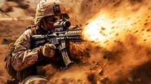 United States Army Special Forces Soldier In Action With Assault Rifle In Desert