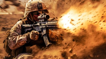 Wall Mural - United States Army Special forces soldier in action with assault rifle in desert