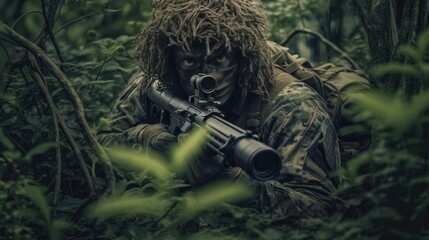 Wall Mural - Military man with sniper rifle in the forest. Selective focus.