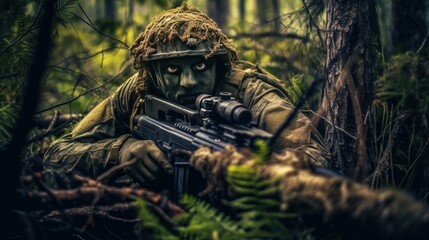 Wall Mural - Portrait of a special forces soldier in the forest with assault rifle