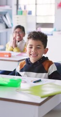 Aufkleber - School kids, boy and applause in classroom, happy and excited for learning achievement, goal or studying. Children, celebration and smile on face for education, scholarship and development at academy