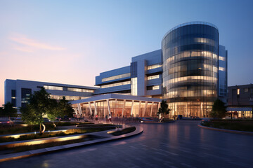 Poster - The exterior of a modern hospital stands illuminated as evening sets in, symbolizing unwavering care provided at all hours