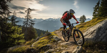 Mountain Biker Cyclist Riding A Bicycle Downhill On A Mountain Bike Trail. Outdoor Recreational Lifestyle Adventure Sport Activity In Nature