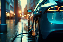 Electric Car Plugged To Charging Station With Power Cable On City Street - Generative AI