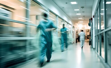 hospital emergency team rush patient on gurney to the operating theater. corridor in medical clinic.