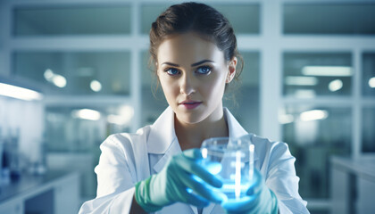 Wall Mural - mockup photo of a female doctor in white lab coat and laboratory coat holding a test tube - Generative AI