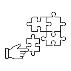 Wall Mural - Connect Parts of Puzzle Outline Sign. Human Hand and Jigsaw Linear Pictogram. Team Game, Puzzle Strategy Solution Line Icon. Brainstorming Concept. Editable Stroke. Isolated Vector Illustration