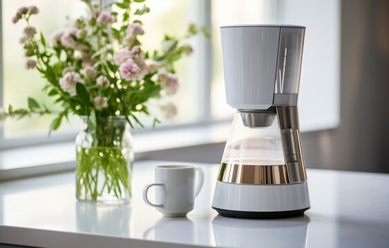 Coffee maker, and a cup of coffee on a modern white kitchen tabletop/countertop with copy space. This is set against a blurred backdrop of a modern, elegant, bright kitchen. Generative AI