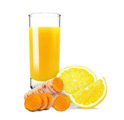 Wall Mural - turmeric root juice and lemon isolated on white background