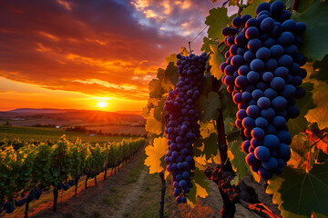 Sticker - The setting sun casts golden hues on ripe grapes, whispering promises of tomorrow's fruitful harvest endeavors