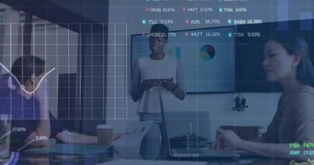 Poster - Animation of graphs and trading board, diverse female coworkers discussing reports on digital tablet