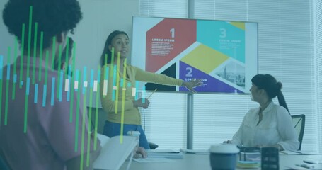 Poster - Animation of graphs over diverse female explaining strategy on screen to coworkers in office