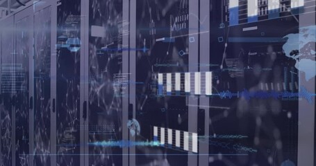 Animation of graphs, computer language, globe, connected dots moving over data server systems
