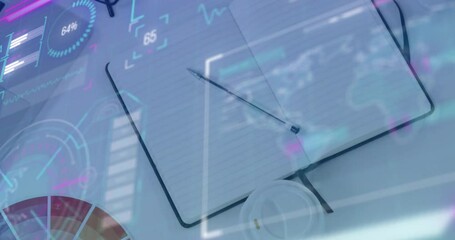 Poster - Animation of map, graphs, loading icons over coffee cup and office supplies on desk